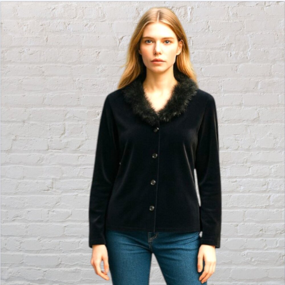 VINTAGE WESTERN CONNECTION -- Cover Up, Velvet, Faux Fur Collar, Black, Buttons
